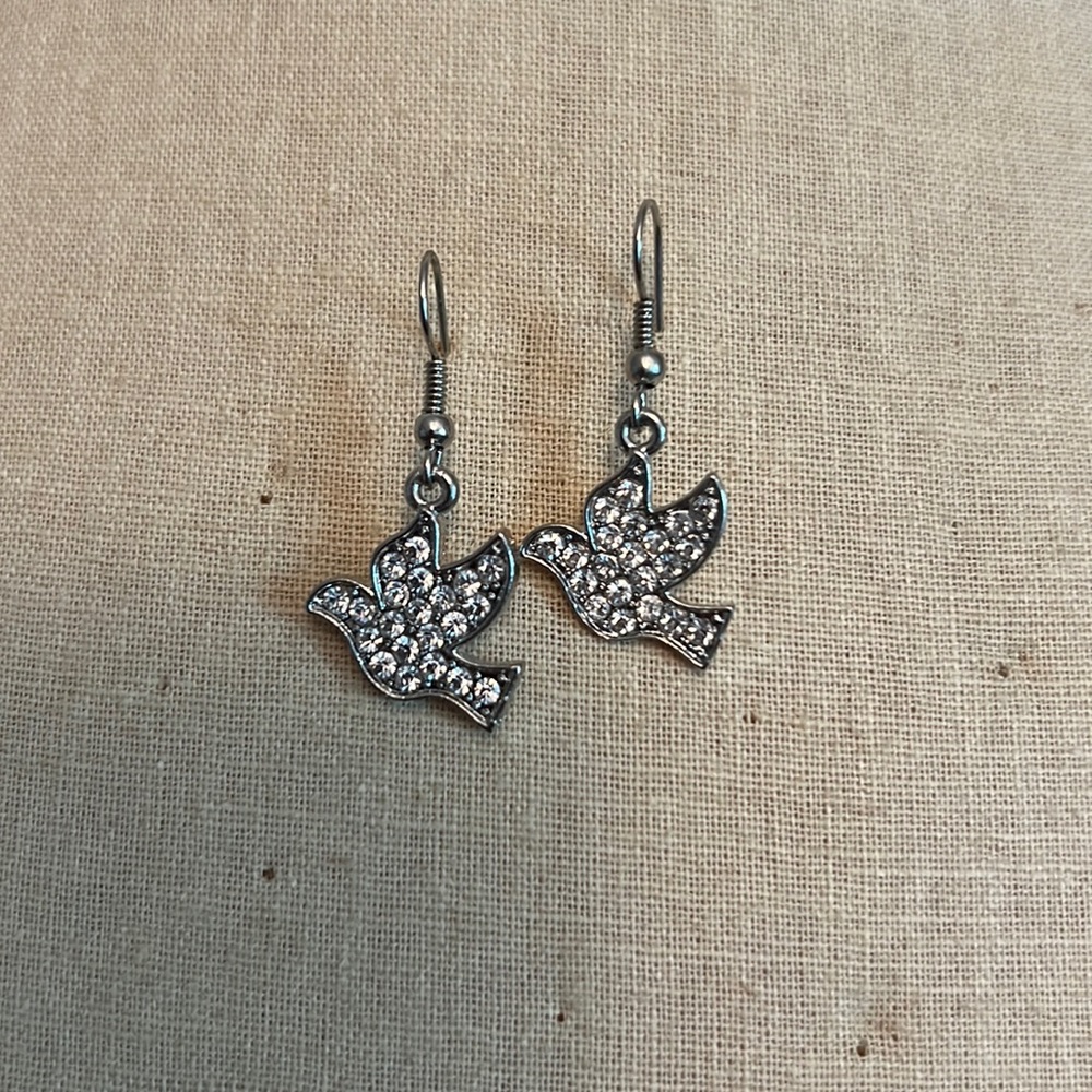 Silver crystal dove earrings